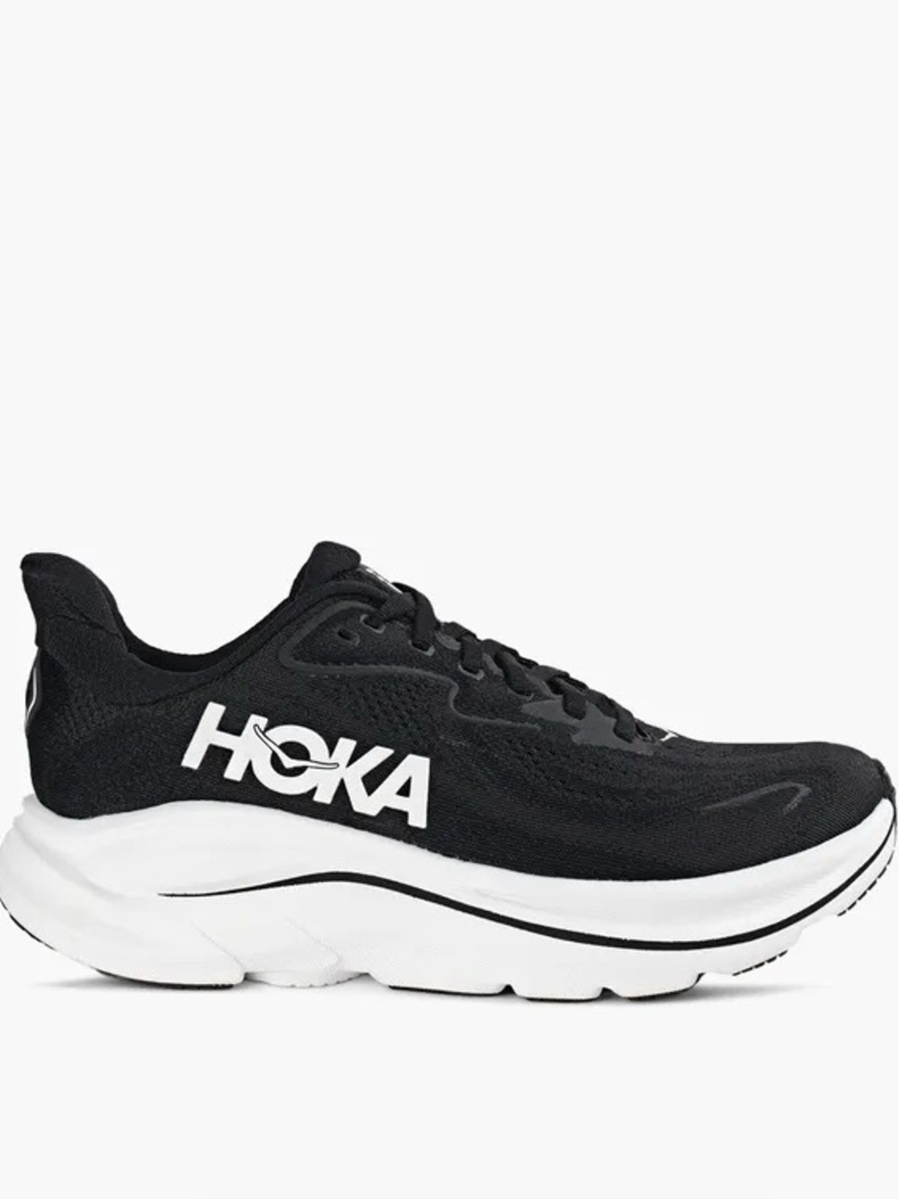 Hoka Clifton 10 Black Athletic Running Sneakers with White Soles